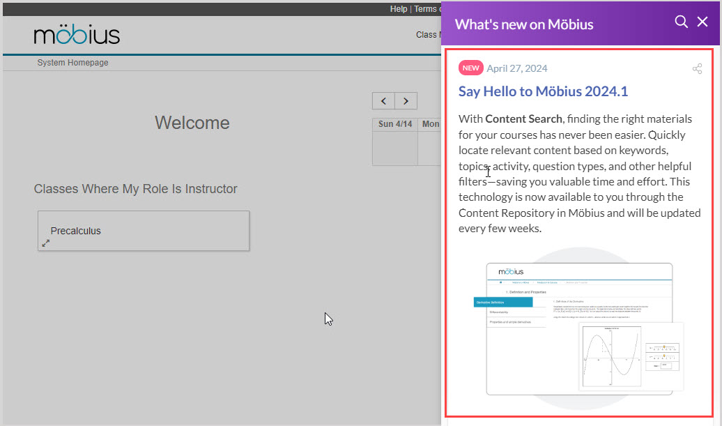 Mobius system homepage with What's new on Mobius panel open on right